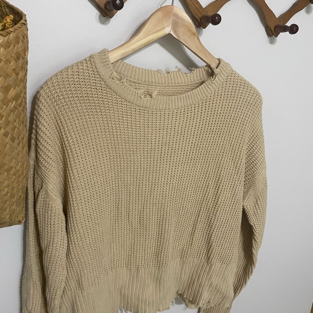 Pistola Olga Distressed Over-Sized Beige Waffle Sweater - Picture 2 of 5
